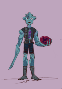 Drawn illustration of a blue character holding a red egg