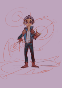 drawn illustration of a character wearing a blue and red jacket with lasers