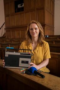 Photo of Stacey Copeland with sound equipment