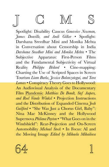 Cover of Journal of Cinema and Media Studies, vol. 64, no. 1 | Society for Cinema and Media Studies | 9781607858928