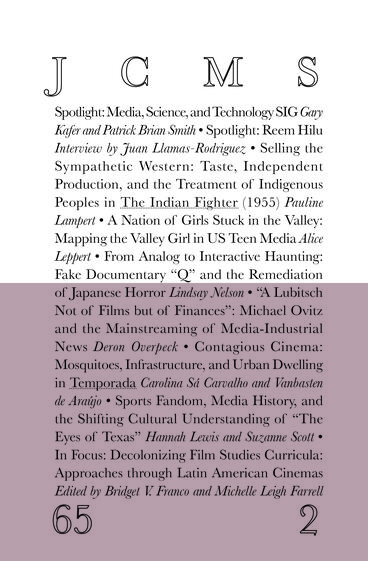 Cover of Journal of Cinema and Media Studies, vol. 65, no. 2 | Society for Cinema and Media Studies | 9781607859376
