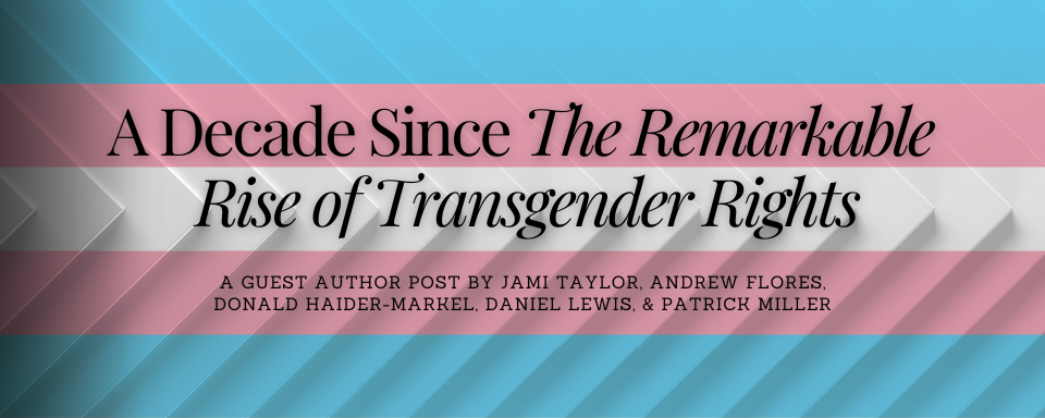 Title and Byline of blog post over a blue, white, and pink flag with an arrow pattern